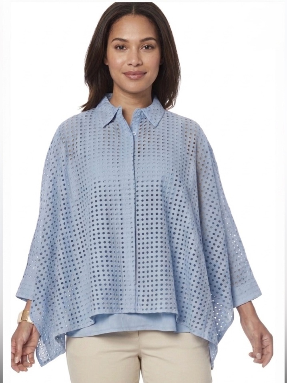 Wynne Layers NEW Eyelet Cotton L Boxy Shirt Oversize Blue Dolman Sleeves Top Tag